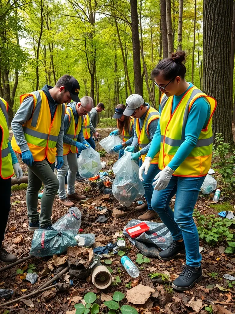 A photo of volunteers cleaning up a forest area, highlighting community involvement in conservation efforts.
