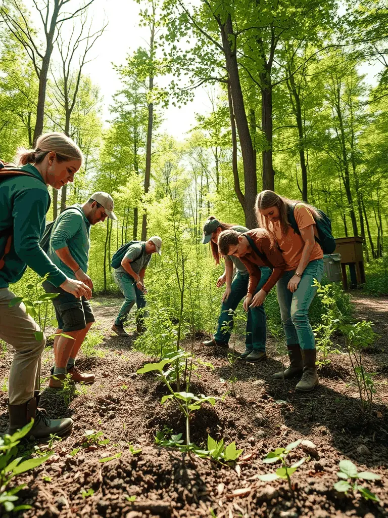 A photograph depicting volunteers planting trees in a forest, symbolizing the organization's commitment to habitat preservation and wildlife conservation.