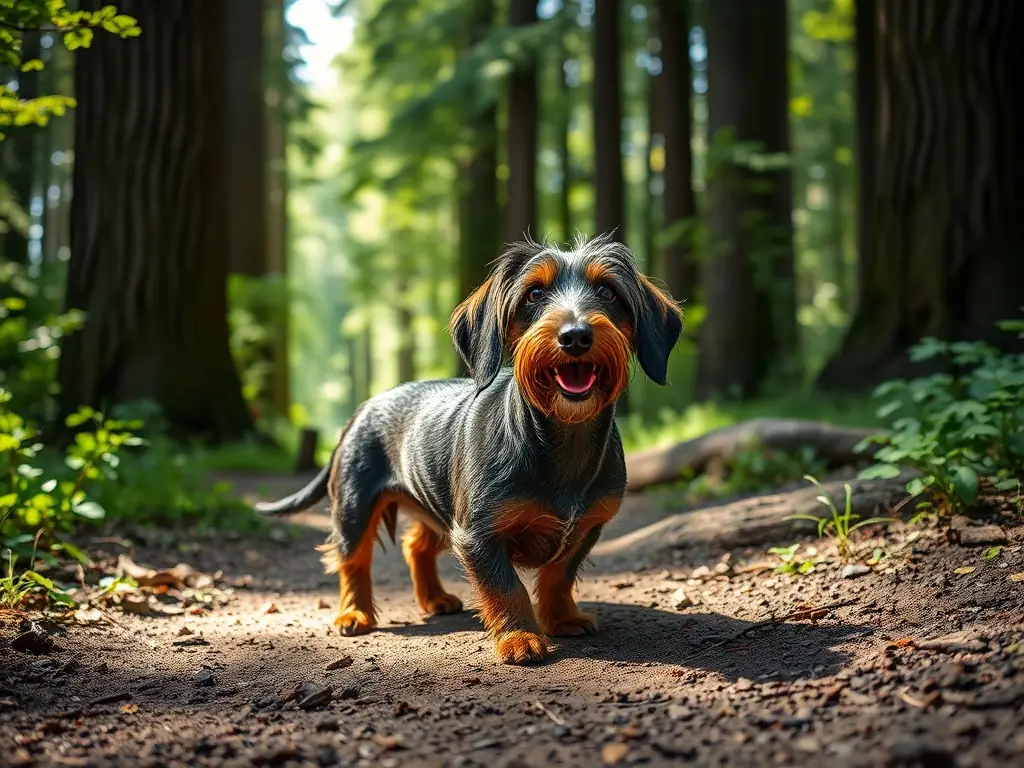 A vibrant image of a hound tracking wildlife in a lush forest, symbolizing conservation efforts.