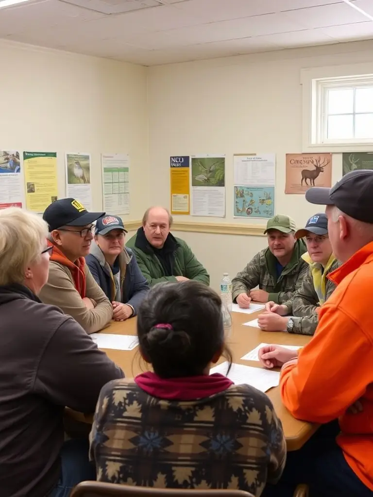 A photograph showing participants in a workshop learning about responsible hunting practices and wildlife management techniques.