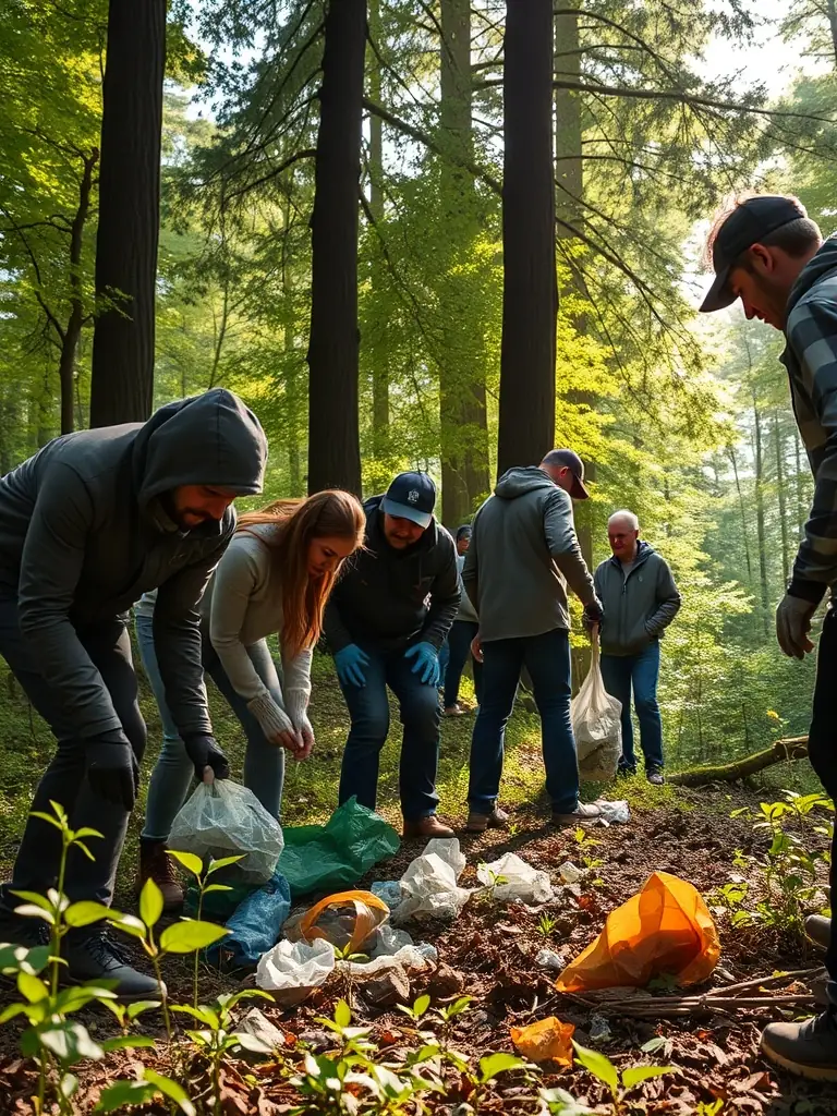 A photograph capturing a community event where members are participating in a cleanup activity in a natural reserve, promoting environmental stewardship.