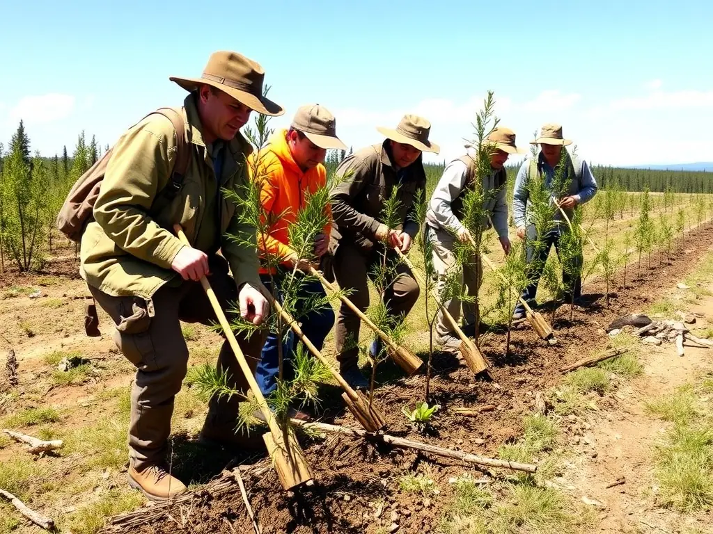 A photo of community members participating in a habitat restoration activity with volunteers and hunters working together.